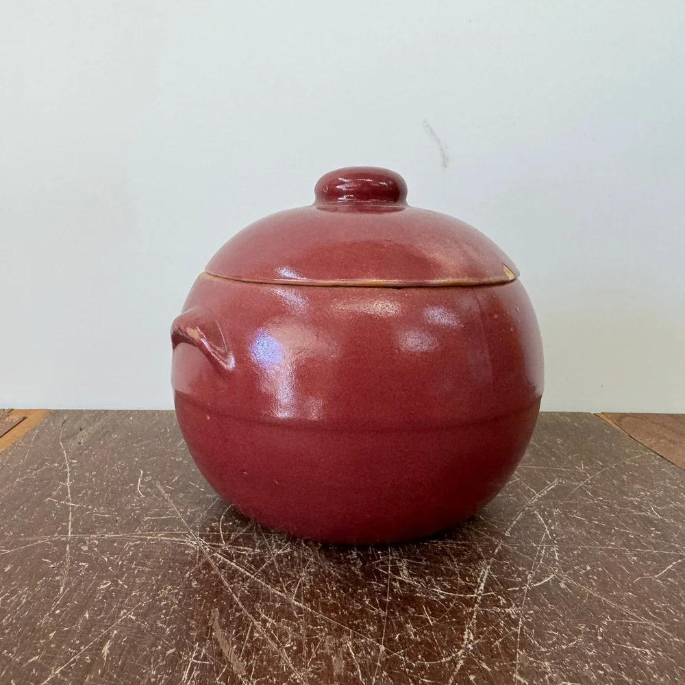 Uhl Pottery Co. Crock Stoneware Grease Drip‎ Burgundy Glaze Ceramic Lid Vintage